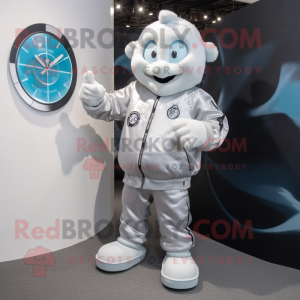 Silver Soccer Goal mascot costume character dressed with a Parka and Bracelet watches