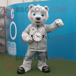 Silver Soccer Goal mascot costume character dressed with a Parka and Bracelet watches