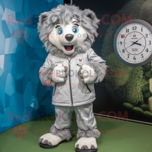 Silver Soccer Goal mascot costume character dressed with a Parka and Bracelet watches