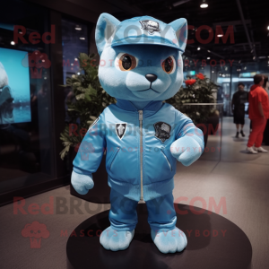 Sky Blue Cat mascot costume character dressed with a Bomber Jacket and Caps