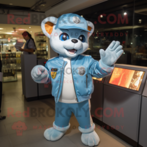 Sky Blue Cat mascot costume character dressed with a Bomber Jacket and Caps