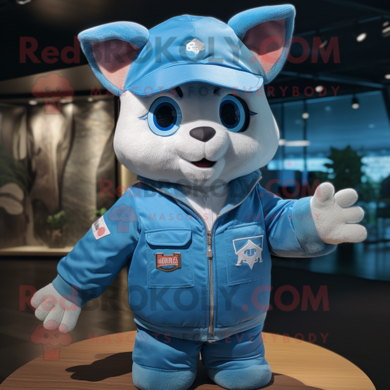 Sky Blue Cat mascot costume character dressed with a Bomber Jacket and Caps