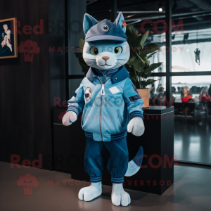 Sky Blue Cat mascot costume character dressed with a Bomber Jacket and Caps