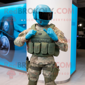 Cyan American Soldier mascot costume character dressed with a Sheath Dress and Smartwatches