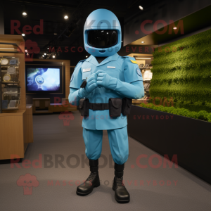Cyan American Soldier mascot costume character dressed with a Sheath Dress and Smartwatches