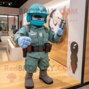 Cyan American Soldier mascot costume character dressed with a Sheath Dress and Smartwatches