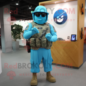 Cyan American Soldier mascot costume character dressed with a Sheath Dress and Smartwatches