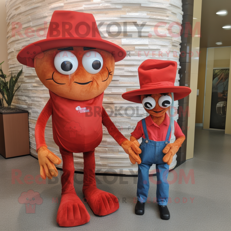 Red Shrimp Scampi mascot costume character dressed with a Mom Jeans and Hats Red Shrimp Scampi mascot costume character dressed with a Mom Jeans and Hats