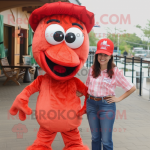 Red Shrimp Scampi mascot costume character dressed with a Mom Jeans and Hats