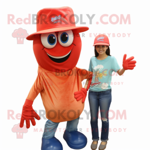 Red Shrimp Scampi mascot costume character dressed with a Mom Jeans and Hats