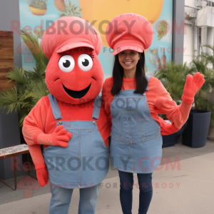 Red Shrimp Scampi mascot costume character dressed with a Mom Jeans and Hats