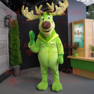 Lime Green Elk mascot costume character dressed with a Vest and Earrings