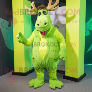 Lime Green Elk mascot costume character dressed with a Vest and Earrings