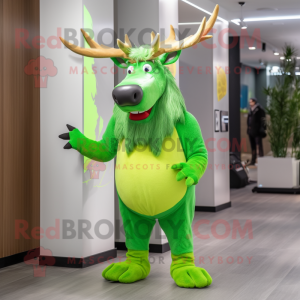 Lime Green Elk mascot costume character dressed with a Vest and Earrings