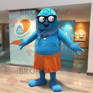 Blue Orange mascot costume character dressed with a Swimwear and Eyeglasses