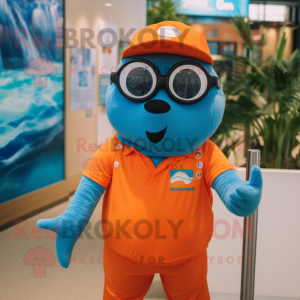 Blue Orange mascot costume character dressed with a Swimwear and Eyeglasses