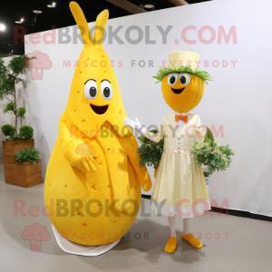 Yellow Carrot mascot costume character dressed with a Wedding Dress and Clutch bags