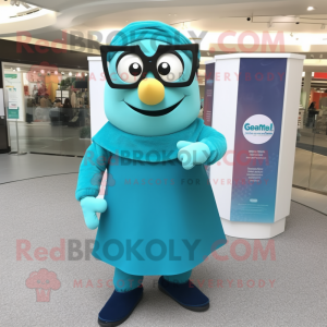 Teal Engagement Ring mascot costume character dressed with a Wrap Skirt and Eyeglasses