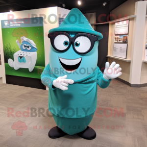 Teal Engagement Ring mascot costume character dressed with a Wrap Skirt and Eyeglasses