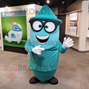 Teal Engagement Ring mascot costume character dressed with a Wrap Skirt and Eyeglasses