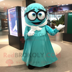 Teal Engagement Ring mascot costume character dressed with a Wrap Skirt and Eyeglasses