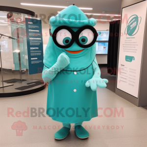 Teal Engagement Ring mascot costume character dressed with a Wrap Skirt and Eyeglasses