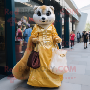 Gold Ferret mascot costume character dressed with a Ball Gown and Tote bags