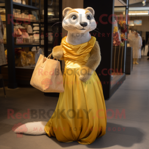 Gold Ferret mascot costume character dressed with a Ball Gown and Tote bags