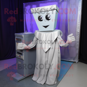 Silver Computer mascot costume character dressed with a Sheath Dress and Scarf clips