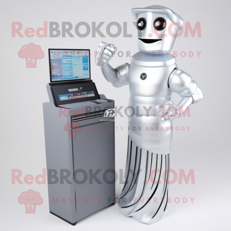 Silver Computer mascot costume character dressed with a Sheath Dress and Scarf clips Silver Computer mascot costume character dressed with a Sheath Dress and Scarf clips