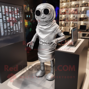 Silver Computer mascot costume character dressed with a Sheath Dress and Scarf clips