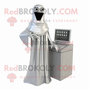 Silver Computer mascot costume character dressed with a Sheath Dress and Scarf clips