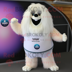 Cream Yeti mascot costume character dressed with a Yoga Pants and Berets