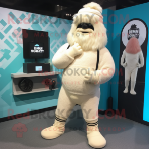 Cream Yeti mascot costume character dressed with a Yoga Pants and Berets
