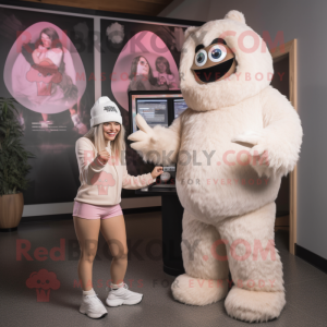 Cream Yeti mascot costume character dressed with a Yoga Pants and Berets