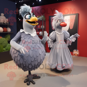 Gray Roosters mascot costume character dressed with a Ball Gown and Clutch bags