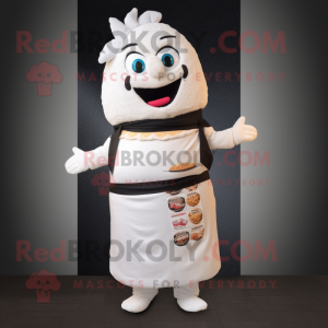 White Sushi mascot costume character dressed with a Vest and Brooches