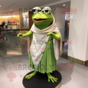 Green Frog mascot costume character dressed with a Mini Dress and Shawl pins