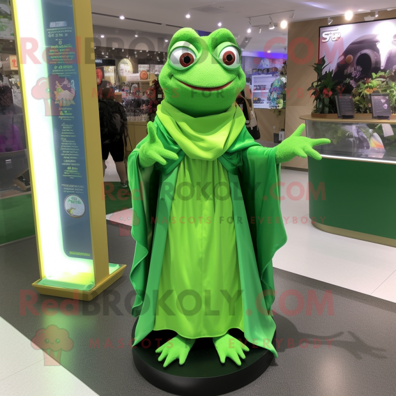 Green Frog mascot costume character dressed with a Mini Dress and Shawl pins Green Frog mascot costume character dressed with a Mini Dress and Shawl pins