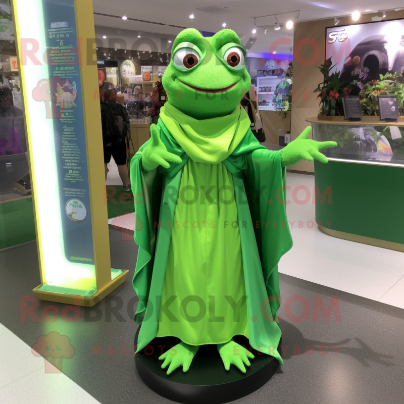 Green Frog mascot costume character dressed with a Mini Dress and Shawl pins