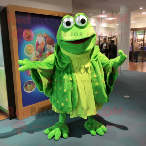 Green Frog mascot costume character dressed with a Mini Dress and Shawl pins