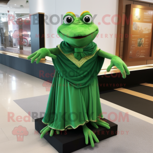 Green Frog mascot costume character dressed with a Mini Dress and Shawl pins