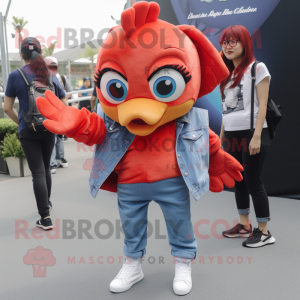 Red Goldfish mascot costume character dressed with a Denim Shorts and Gloves