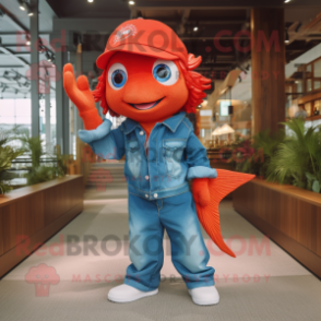 Red Goldfish mascot costume character dressed with a Denim Shorts and Gloves