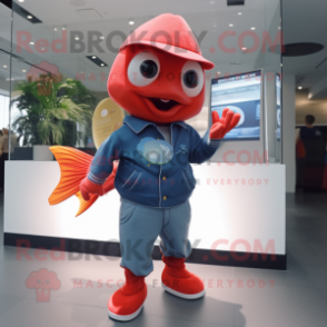 Red Goldfish mascot costume character dressed with a Denim Shorts and Gloves