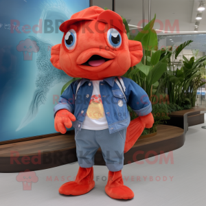 Red Goldfish mascot costume character dressed with a Denim Shorts and Gloves