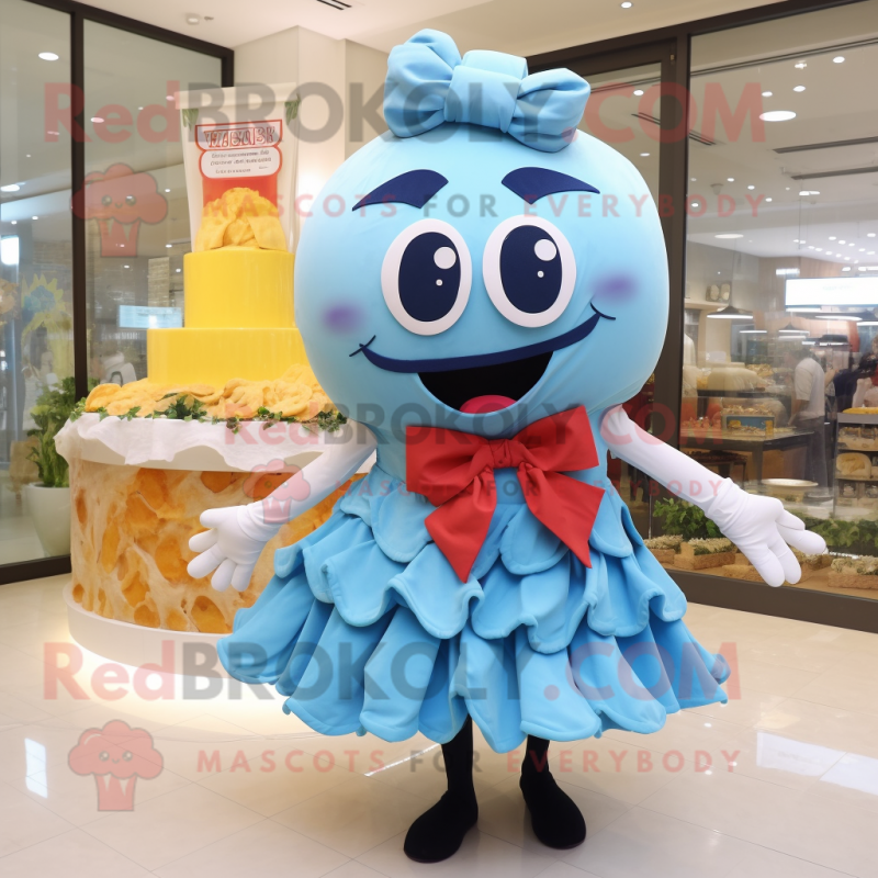 Sky Blue Lasagna mascot costume character dressed with a Mini Dress and Bow ties