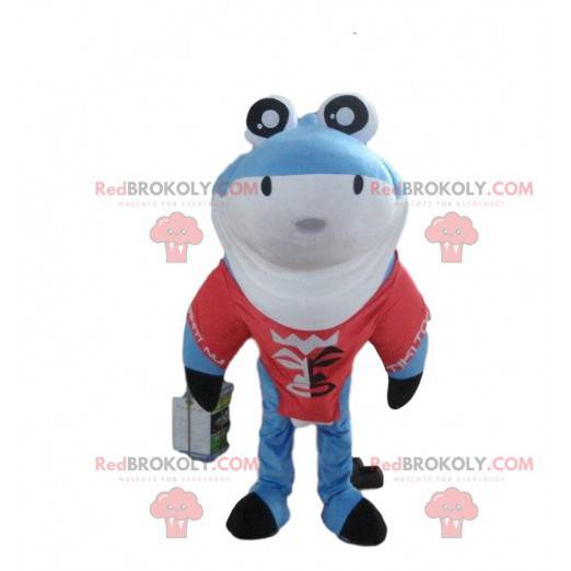 Mascotte de requin bleu, costume de requin, déguisement de la