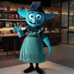 Cyan Witch mascot costume character dressed with a Dungarees and Earrings