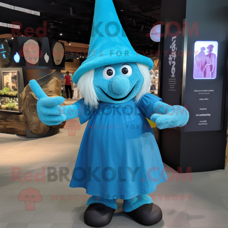 Cyan Witch mascot costume character dressed with a Dungarees and Earrings